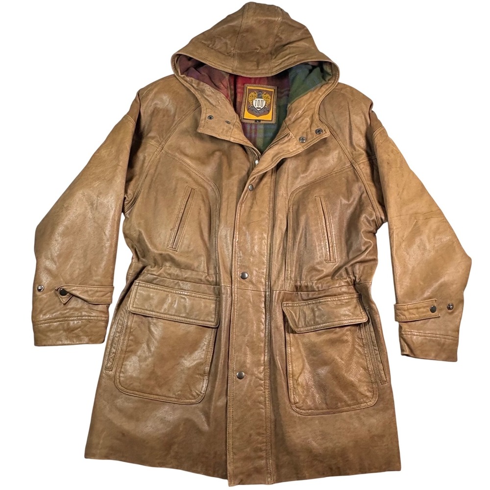 Vintage I.O.U. Leather Parka Jacket Mens Large Tan Brown Hooded Plaid Lined 90s